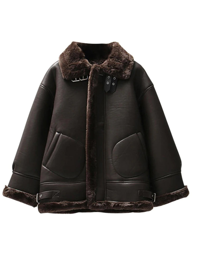 Motorcycle Coats Women's PU Leather Jackets Spliced Fur Stand Collar Warm Coats