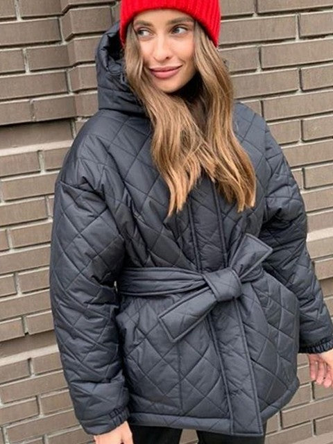 Loose Arygle Quilting Hooded Parkas Women Fashion Solid Thick Short Coats
