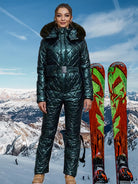 Waterproof Ski Jumpsuit Women One Piece Slip on and go  Fur Hooded Ski Suits