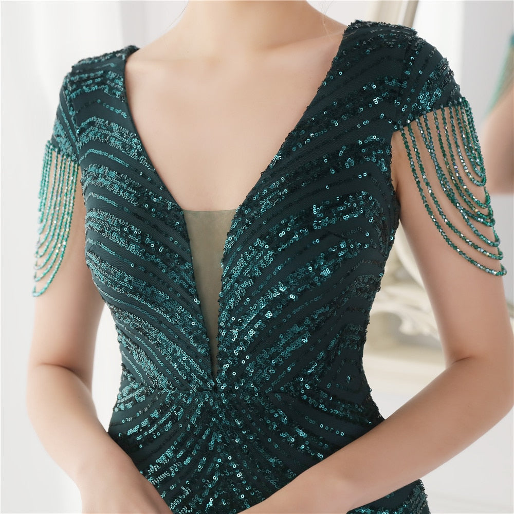 ASHORE SHOP Deep V Neck Green Sequin Evening Dress Sexy Party Maxi Dress Women Beading Dress 