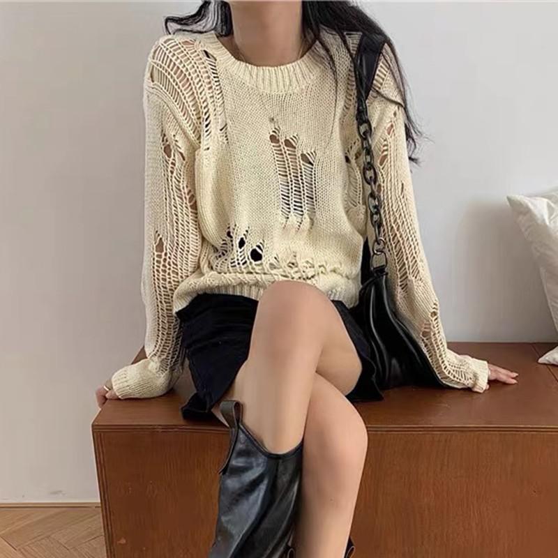 Ashore Shop Ugly Ripped Sweater Women Loose Knitted Tops Hole Thin Pullovers