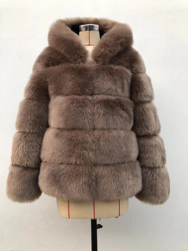 Ashore Winter Shop Hooded Long Sleeve Faux Fur Jacket Luxury Winter Fur Coats Bontjas Winter Thick Warm Hoody Faux Fur Coat Women Furry 