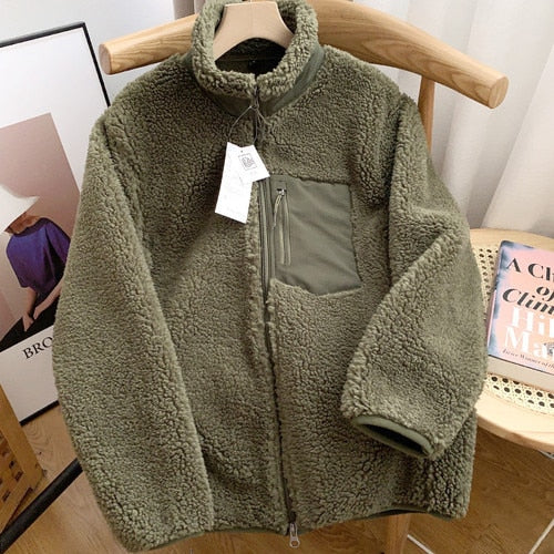 Zipper Lamb Fur Women Coats Winter Turtleneck Pocket Thick Warm Outerwear