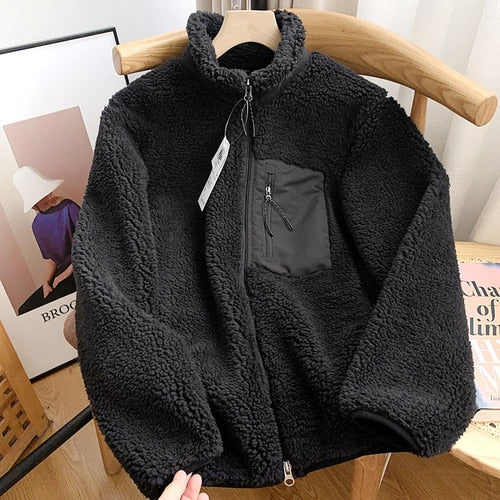 Zipper Lamb Fur Women Coats Winter Turtleneck Pocket Thick Warm Outerwear