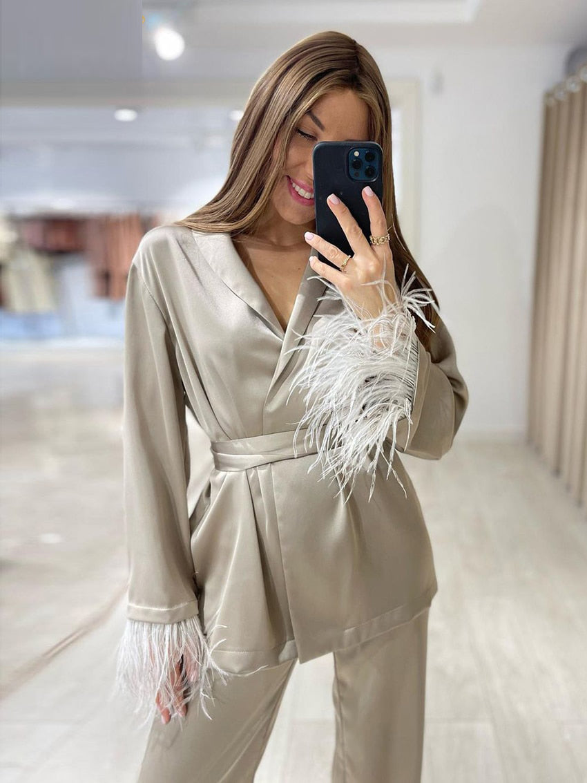 Ashore Shop Causal Loose Satin Home Suit Autumn Fashion Khaki Satin Wide Pants Set