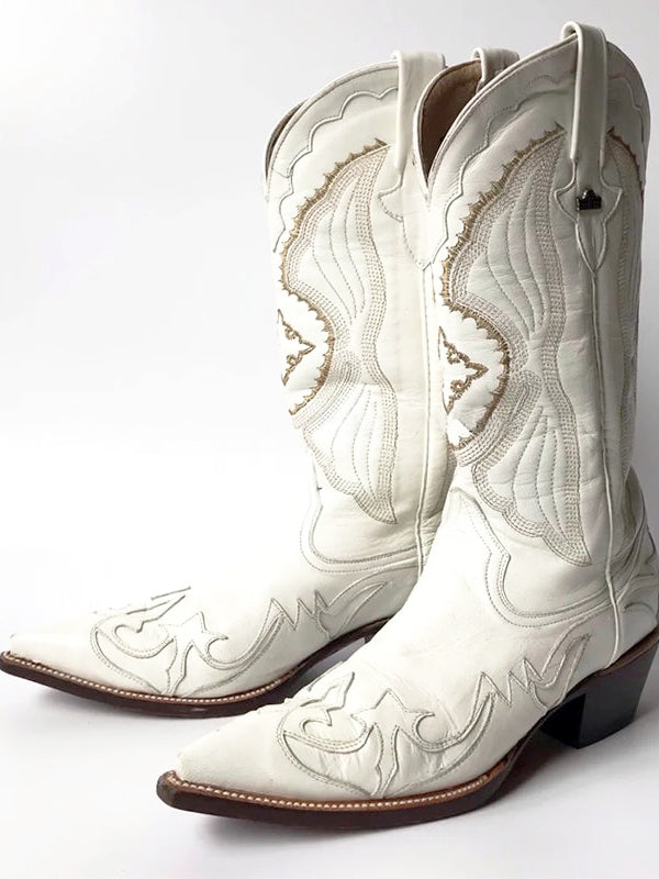 2022 luxury white spring cowgirl boots cutout embroidery pointy boots