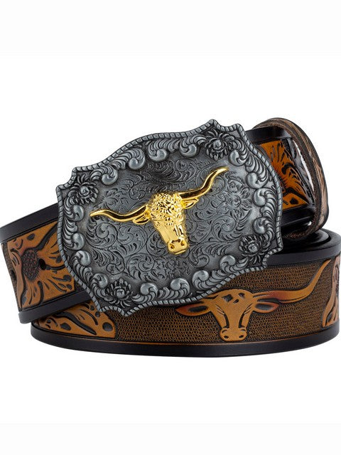 Ox Head Buckle Genuine Leather Embossing Belt Luxury for Men WomensFashion Animal Pattern