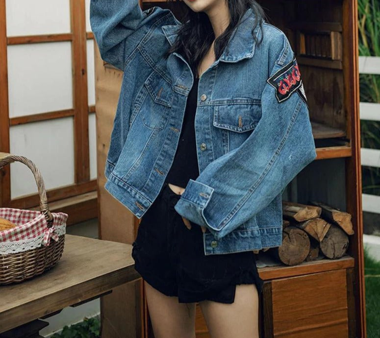 ASHORESHOP Ethnic Appliques boho Denim Jacket for Wome