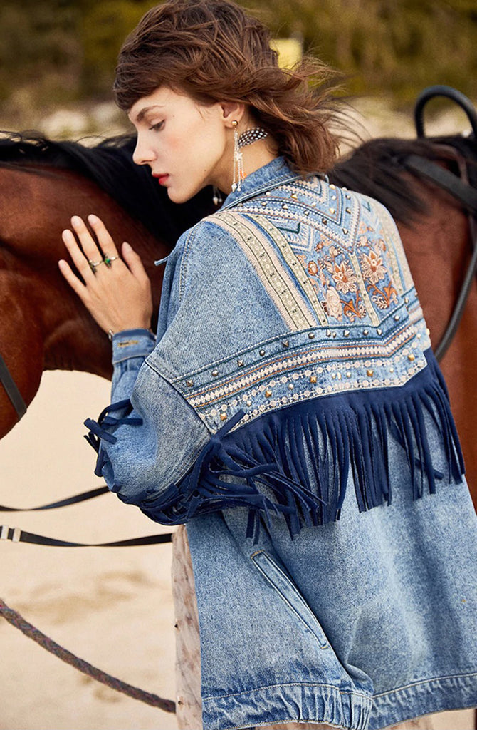 ASHORESHOP Womens Denim Jackets Ethnic Pattern floral Embroidery Suede Fringe Jacket
