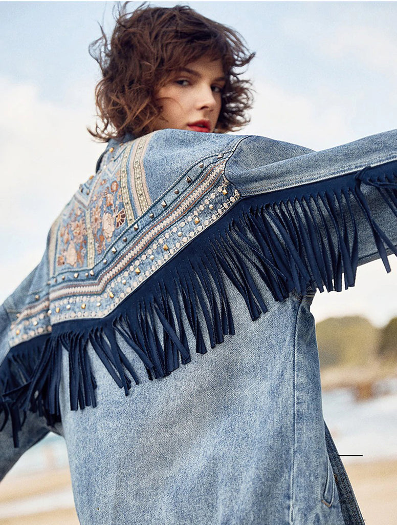 ASHORESHOP Womens Denim Jackets Ethnic Pattern floral Embroidery Suede Fringe Jacket
