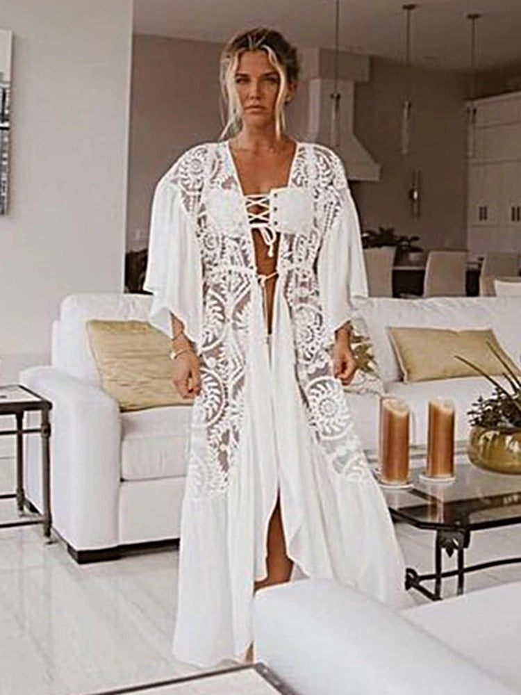 ASHORESHOP White Bikini Cover Ups Lace Dresses See Through Cover Ups