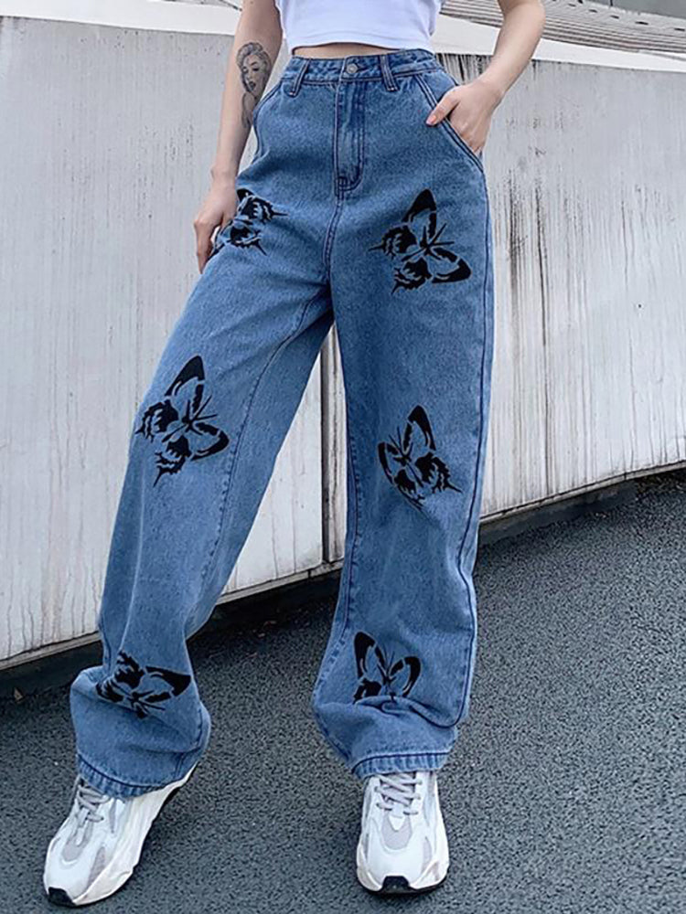 Wide Leg Jeans 2021 New Summer Butter Fly Jeans Woman Long Trousers