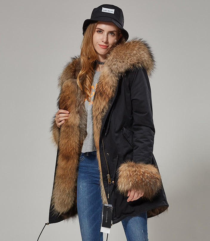 Hot Sale Women big real raccoon fur collar natural fox fur liner long Parker