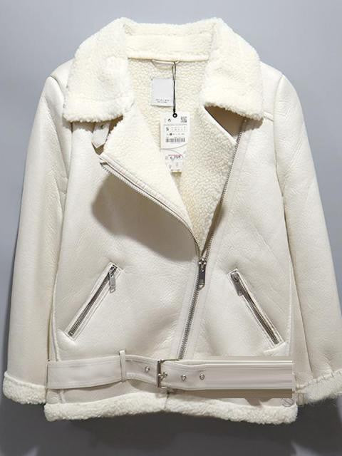 Winter Women Sheepskin Coat Thick Warm Faux Lamb Leather Jacket With Belt