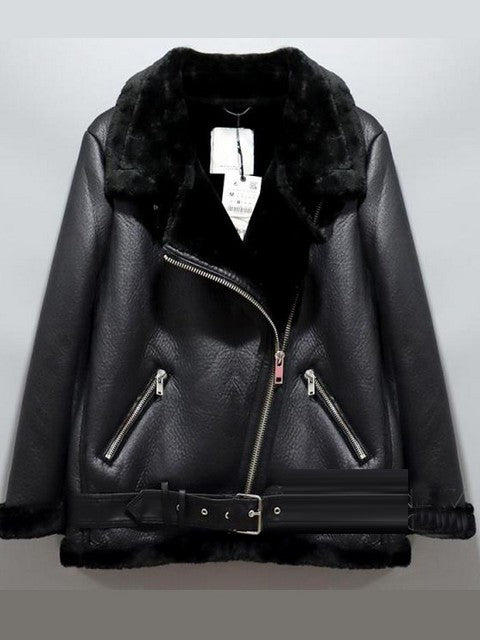 Winter Women Sheepskin Coat Thick Warm Faux Lamb Leather Jacket With Belt