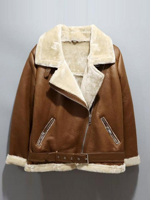 Winter Women Sheepskin Coat Thick Warm Faux Lamb Leather Jacket With Belt