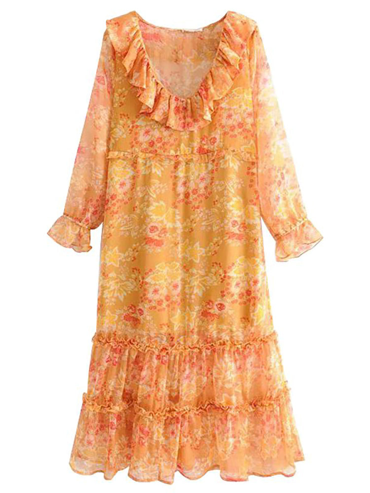 Ashoreshop women's bohemian style ruffle V-neck Pattern Sun dress