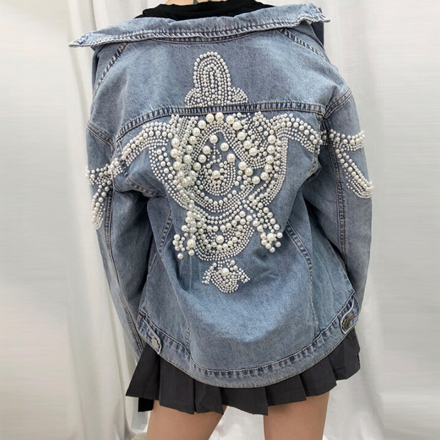 Vintage Denim Jackets More than 2,000 pearl studs inlaid loose coat boho style