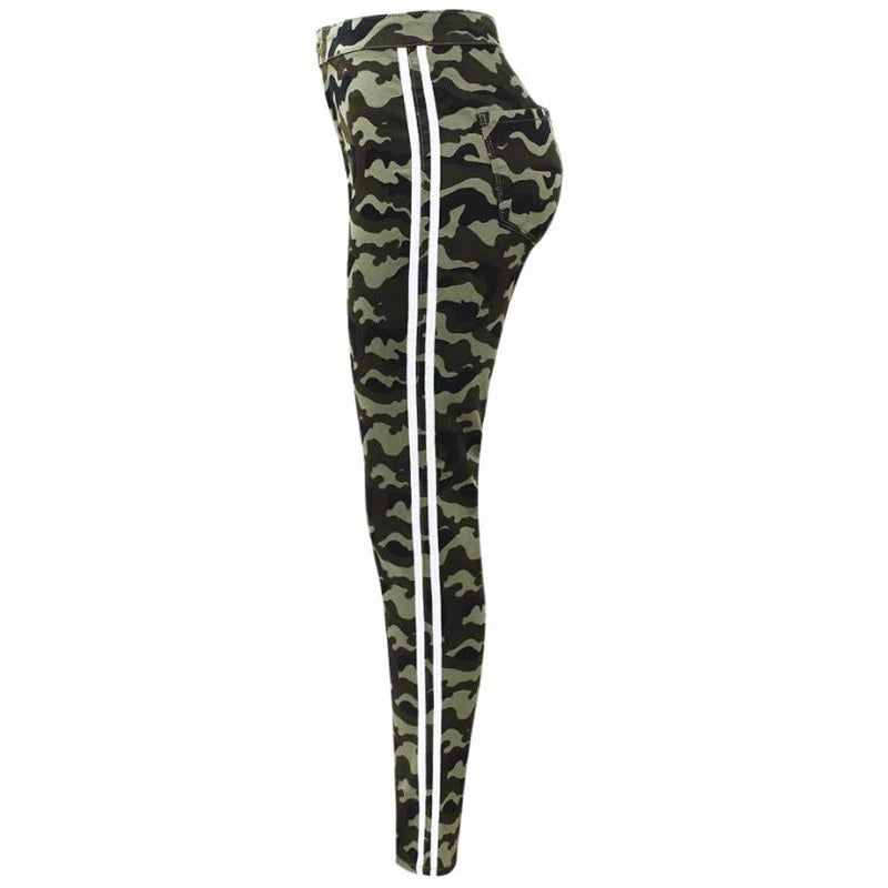 ASHORESHOP Women Skinny Cotton Camo Stretch Jeans with Stripes and Blocks