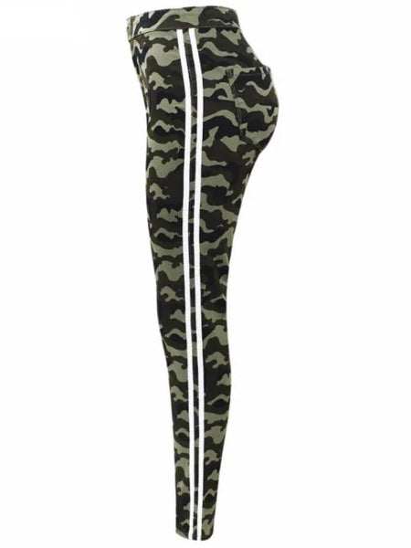 ASHORESHOP Women Skinny Cotton Camo Stretch Jeans with Stripes and Blocks