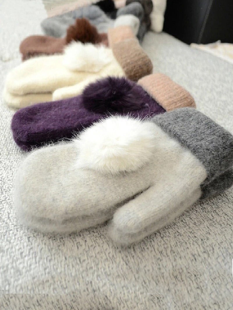 Women Winter Gloves Warm Knitted Wool Gloves Real Rabbit Fur Pompom Mittens