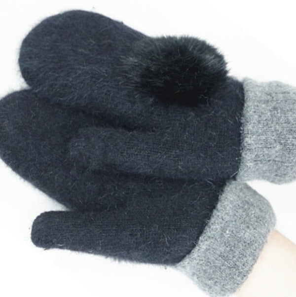 Women Winter Gloves Warm Knitted Wool Gloves Real Rabbit Fur Pompom Mittens