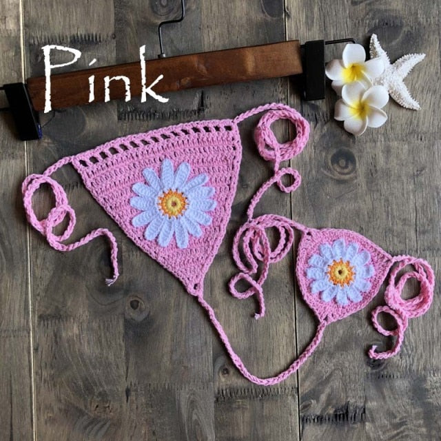 New Arrival Boho Crochet Flower Micro BikiniThong String Beach Micro Swimwear