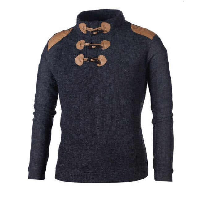 Ashoreshop Mens Black Horn-button Turtleneck Knitted Pullover Long Sleeve Sweater