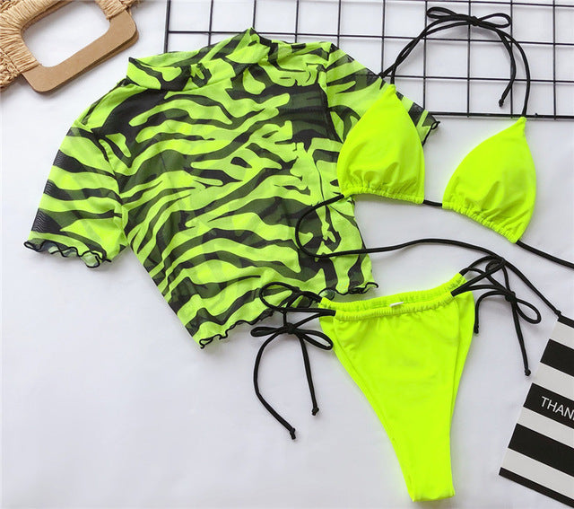 ASHORESHOP 3 piece swimsuit women Neon green bikini 2020 Sexy Push up Swimwear