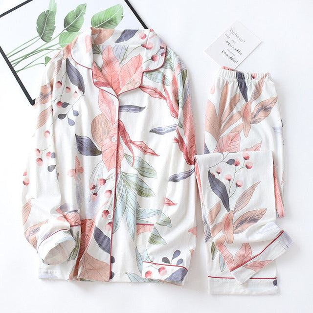 ASHORESHOP Ladies Pajamas Set Floral Printed Full Cotton Fresh Style Sleepwear Sets
