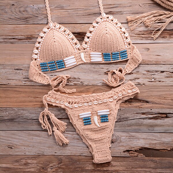 Sexy Shell Beaded Bikinis Set Handmade Crochet High Quality Swimsuit Women Push Up Swimwear Knitted Beach Wear Bathing Suit