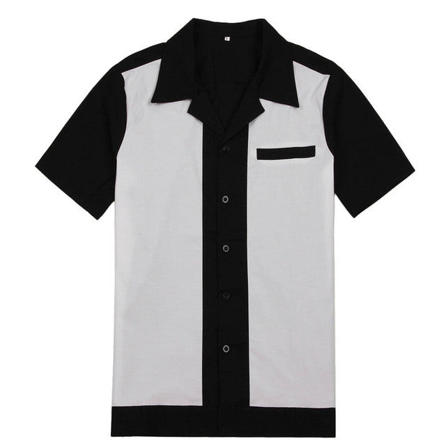 Men Bowling Shirt Dress Rockabilly Short Sleeve White Red Blue Mid-Century Inspired Vintage Men Shirt