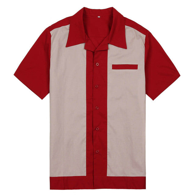 Men Bowling Shirt Dress Rockabilly Short Sleeve White Red Blue Mid-Century Inspired Vintage Men Shirt