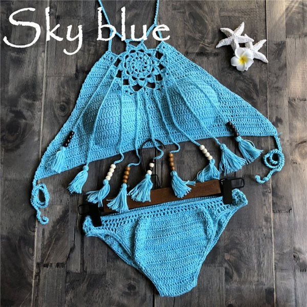 2022 Sexy Bikini Swimwear Crochet Halter Beaded Tassel Top Sexy Hollow Out