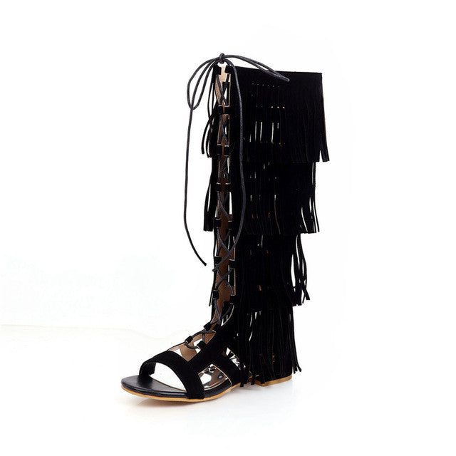 2022 Summer knee high Tassel boots women flock zip cross tied tassel summer boots