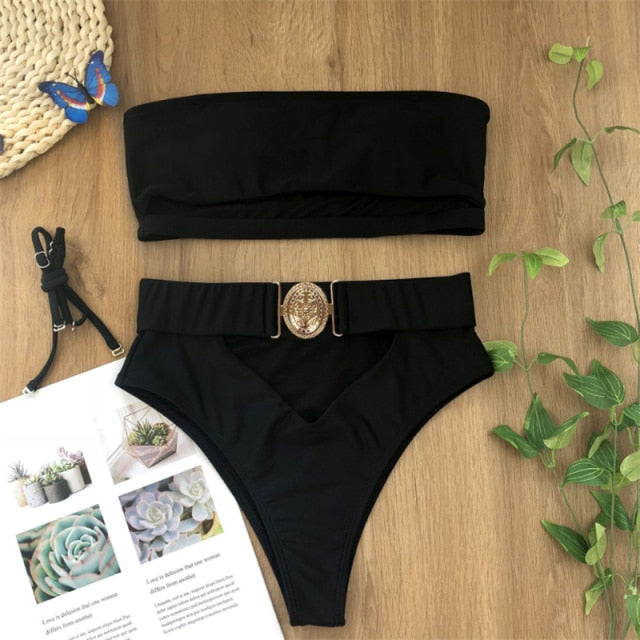 High Waist Hollow Out Swimsuit Women Push Up Bikini Swimwear 2021