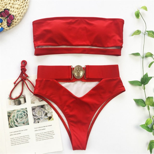 High Waist Hollow Out Swimsuit Women Push Up Bikini Swimwear 2021