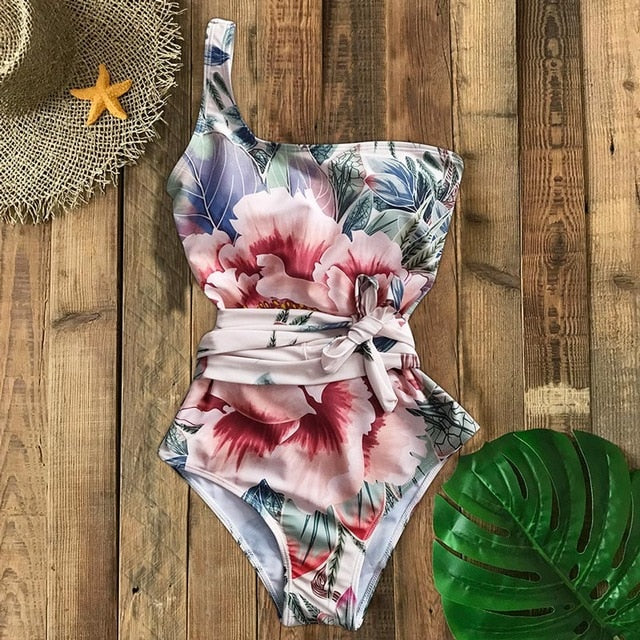 Hot sale monokini with waist tie antique flower pattern swimsuits