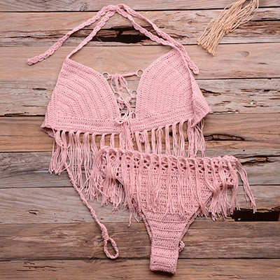 Tassel Crochet Knitted Bikini Set Ladies Boho Swimwear Beachwear