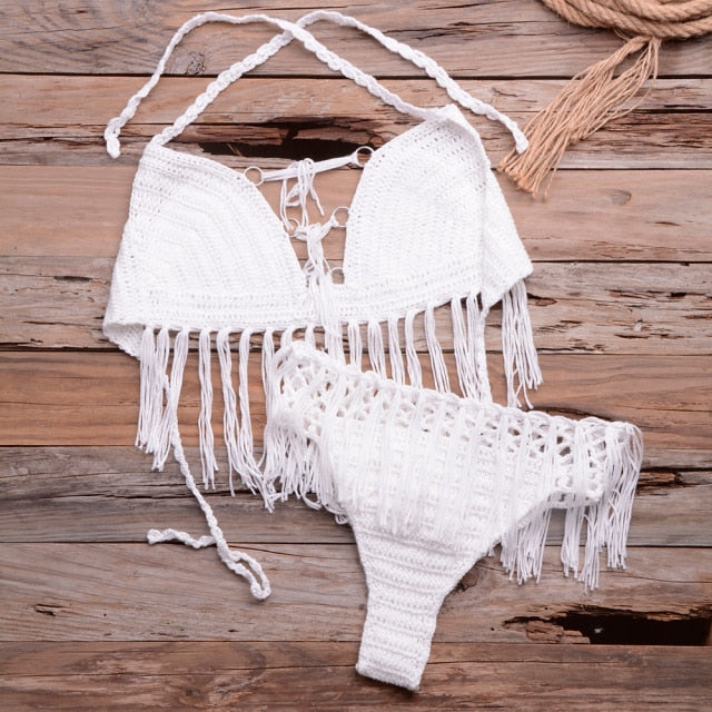 Tassel Crochet Knitted Bikini Set Ladies Boho Swimwear Beachwear