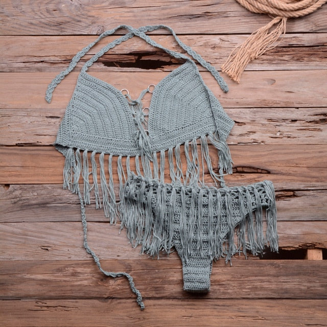 Tassel Crochet Knitted Bikini Set Ladies Boho Swimwear Beachwear