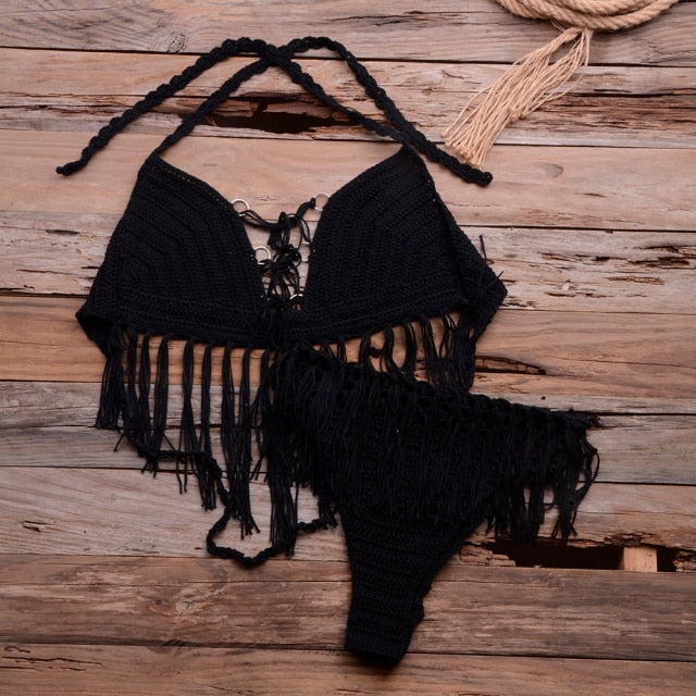 Tassel Crochet Knitted Bikini Set Ladies Boho Swimwear Beachwear