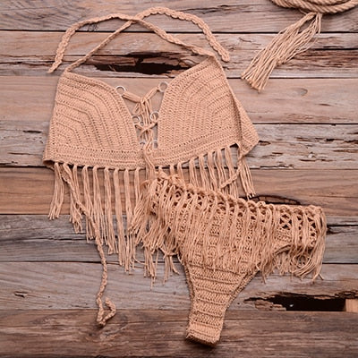 Tassel Crochet Knitted Bikini Set Ladies Boho Swimwear Beachwear