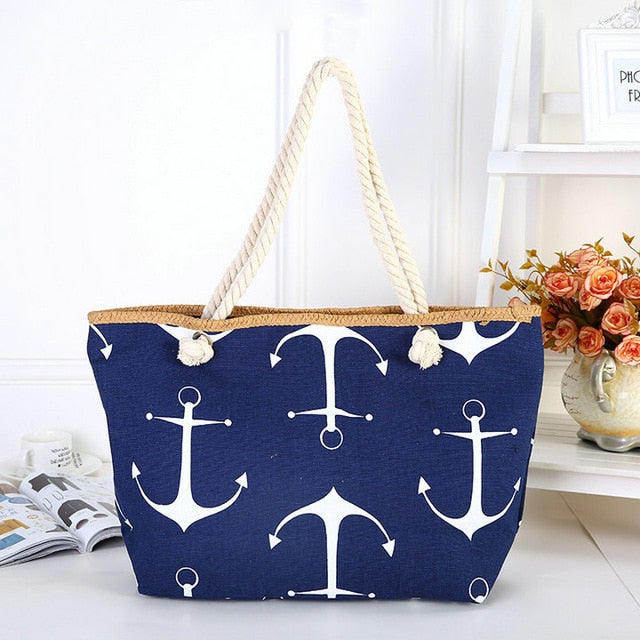 ASHORESHOP Summer Bag Hemp Rope Straw Weave Printed Anchor Canvas Bag