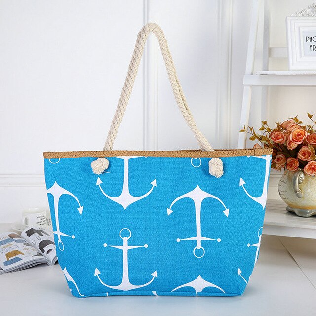 ASHORESHOP Summer Bag Hemp Rope Straw Weave Printed Anchor Canvas Bag