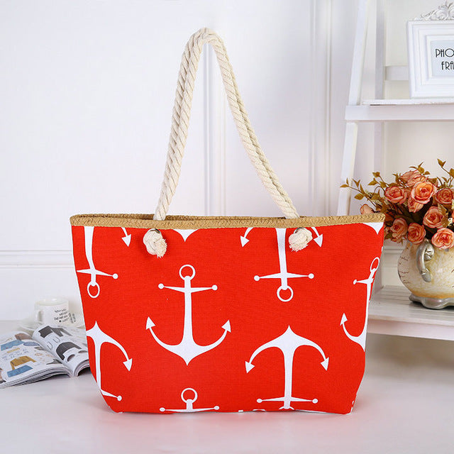 ASHORESHOP Summer Bag Hemp Rope Straw Weave Printed Anchor Canvas Bag