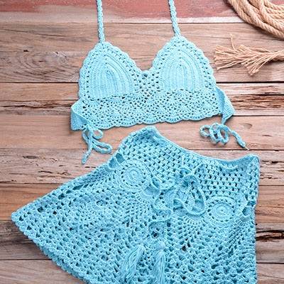 Two-piece Crochet Women Bikini Set Cover Up Swimsuit Swim Skirt