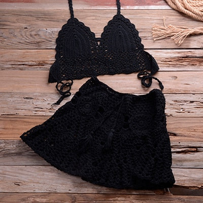 Two-piece Crochet Women Bikini Set Cover Up Swimsuit Swim Skirt