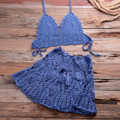 Two-piece Crochet Women Bikini Set Cover Up Swimsuit Swim Skirt