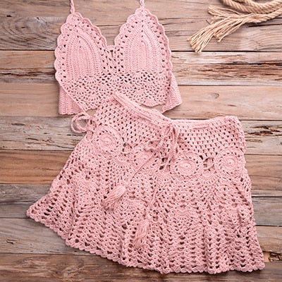 Two-piece Crochet Women Bikini Set Cover Up Swimsuit Swim Skirt